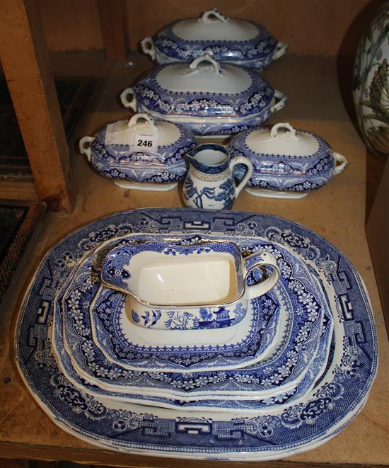 Pair Victorian Staffordshire blue and white Willow pattern meat dishes & tureens etc